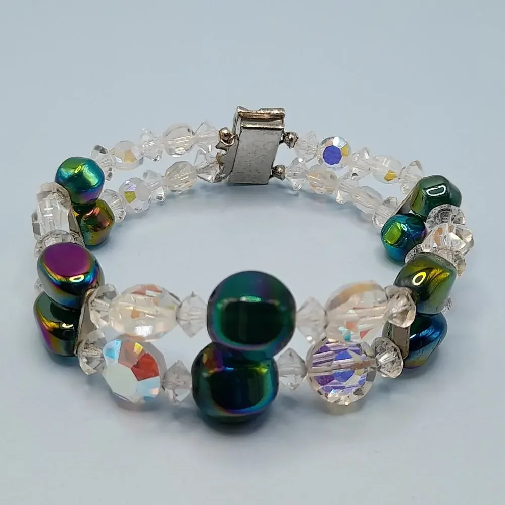 Vintage 1960s AB Crystal Beaded Bracelet, Double Strand, Iridescent Austrian, 7